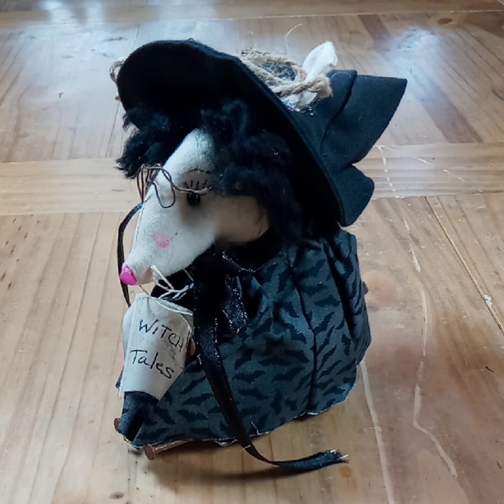 Handmade Witch Mouse Decor with Black Hat Reading "Witch Tales"